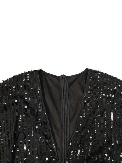 Sequin Puffed Sleeves Party Dress - ECHOINE