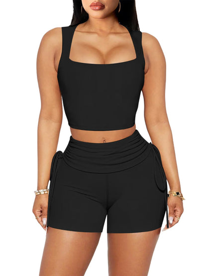 Square Neck Top Drawstring Shorts