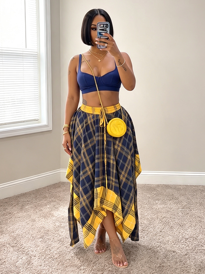 Contrast Plaid Asymmetric Skirt