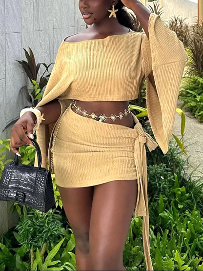 Plissé Asymmetric Top & Mini Skirt Set