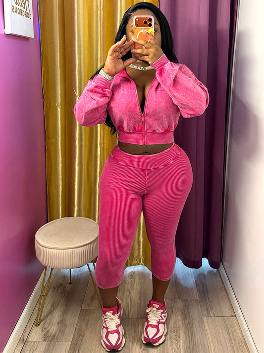 Acid Wash Cropped Jacket & Capri Leggings Set