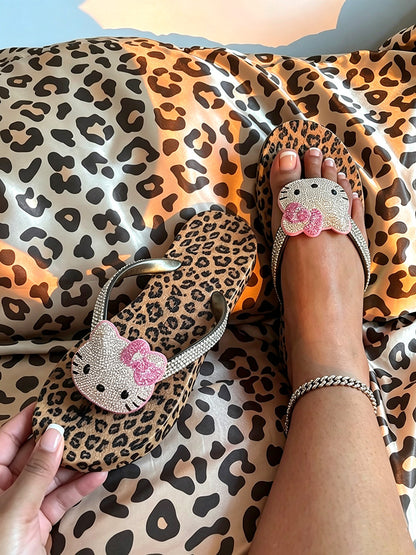 Leopard Rhinestone Platform Flip Flops