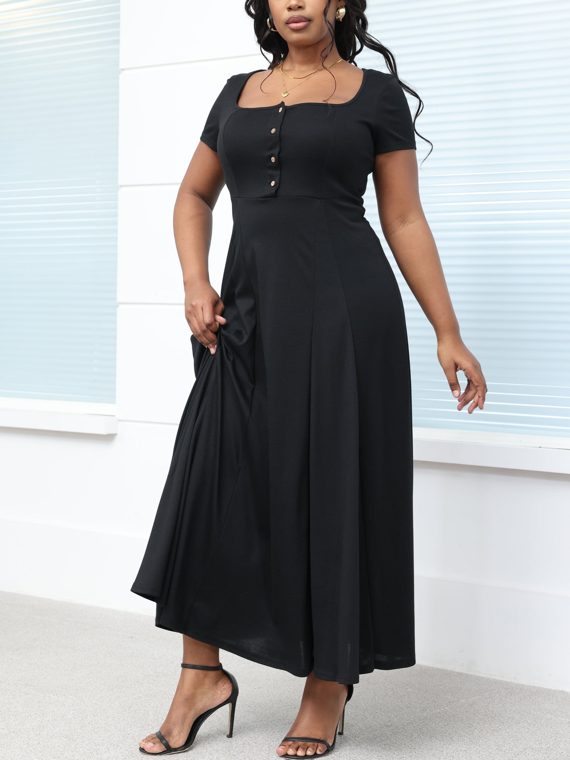 Square Neck Solid Maxi Dress - ECHOINE