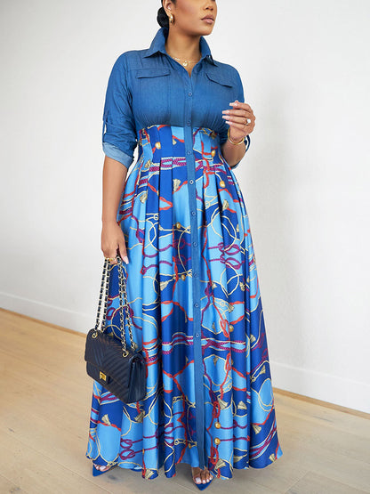 Denim Contrast Print Dress - ECHOINE