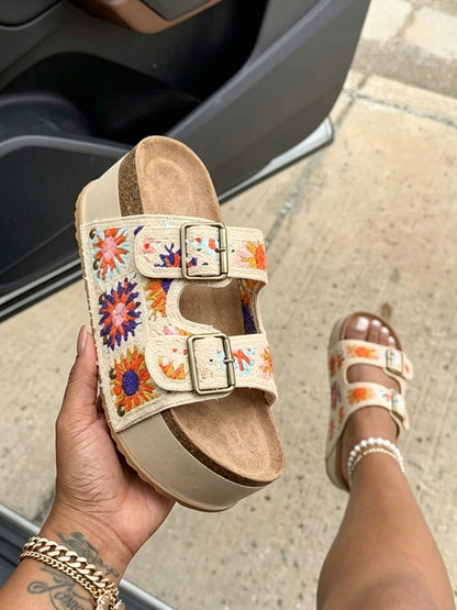 Crochet Strap Cork Platform Sandals
