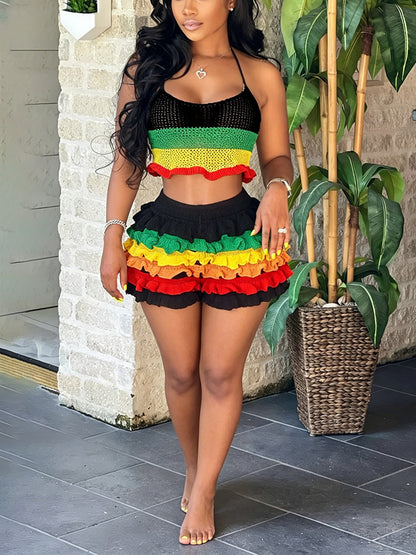 Rainbow Ruffle Crochet Shorts Set