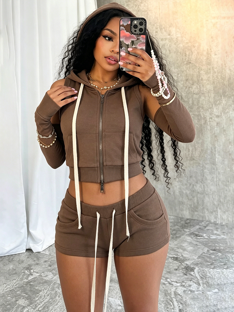Active Hoodie Short Set with Arm Sleeves