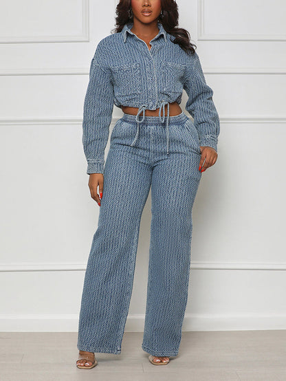 Denim Crop Jacket & Pants Set - ECHOINE