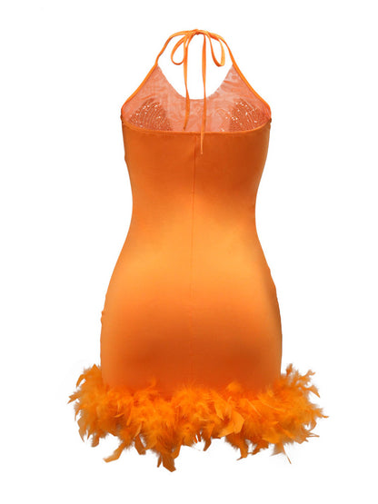 Sequin Feather Halter Dress - ECHOINE