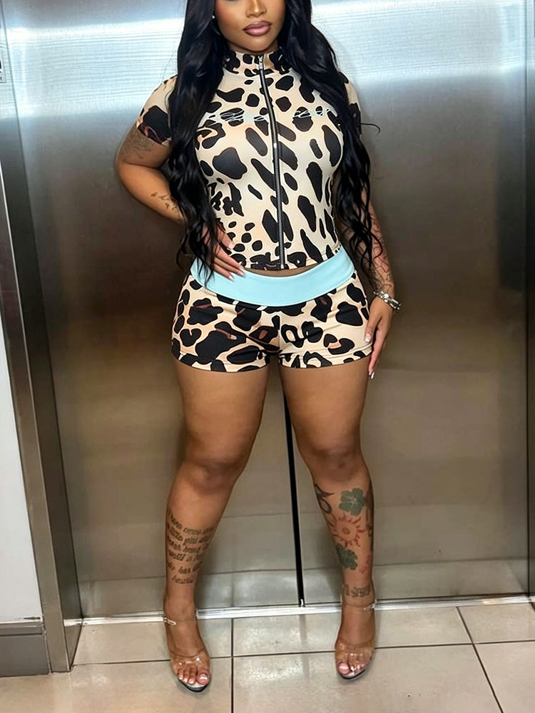 Leopard Crop Top & Contrast Shorts Set