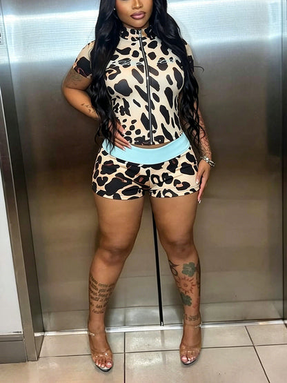 Leopard Crop Top & Contrast Shorts Set