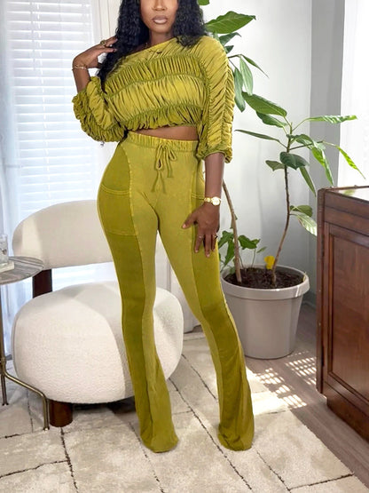 Washed Ruched Top & Flared Pants Set