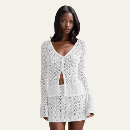 Crochet Knit Top Skirt Set