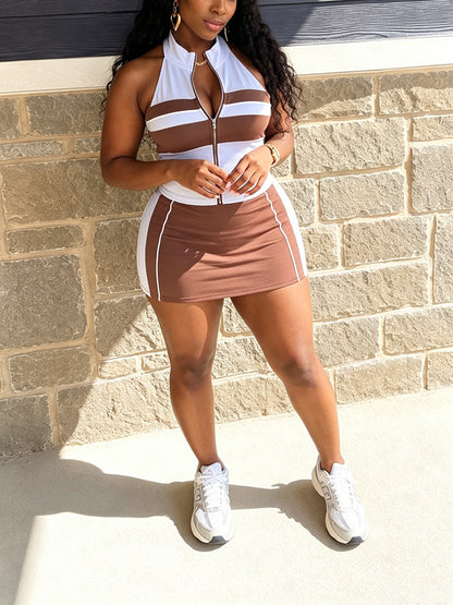 Colorblock Halter Top & Mini Skirt Set
