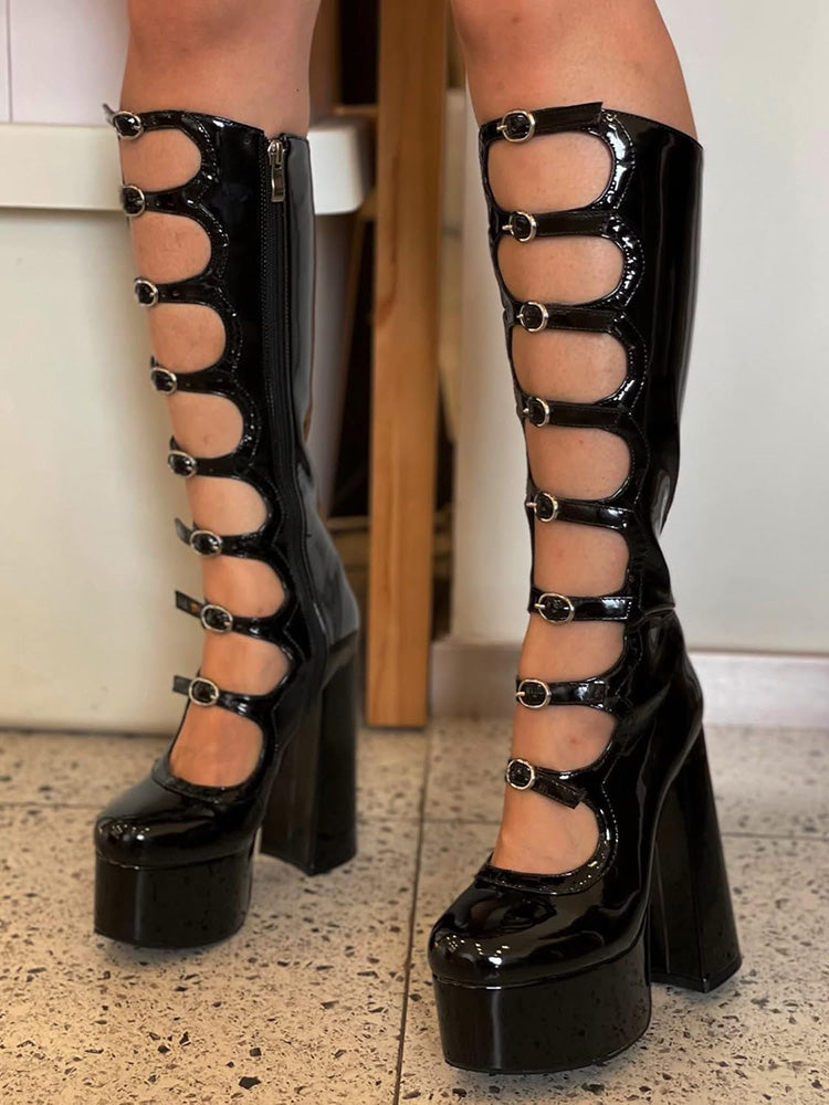 Leather Buckle-Strap Platform Boots