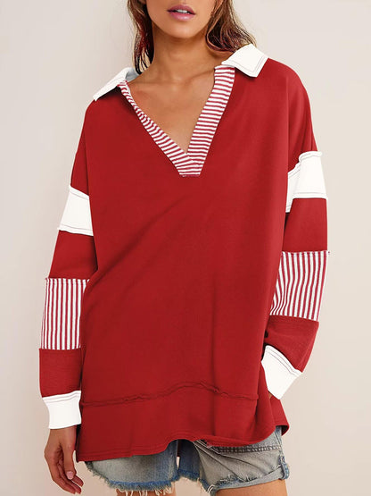 V Neck Colorblock Oversized Sweatshirt