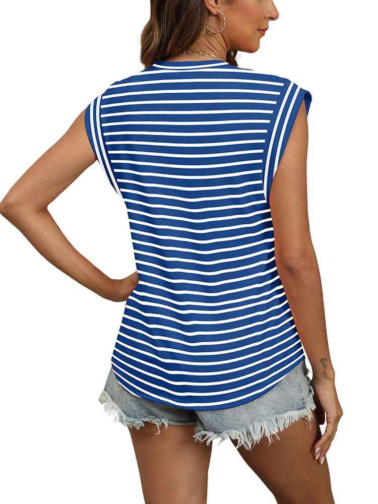 V Neck Cap Sleeve Striped Top