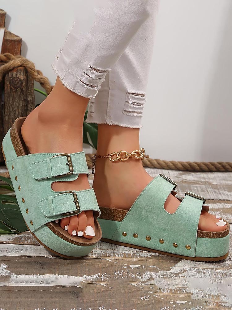 Double Buckle Strap Platform Sandals - ECHOINE