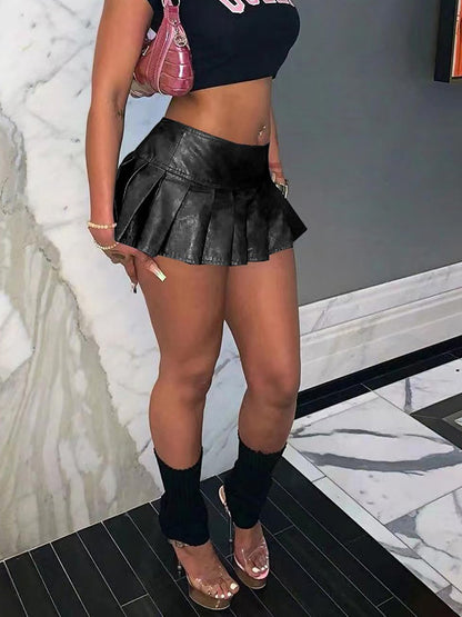 PU Leather Pleated Mini Skirt