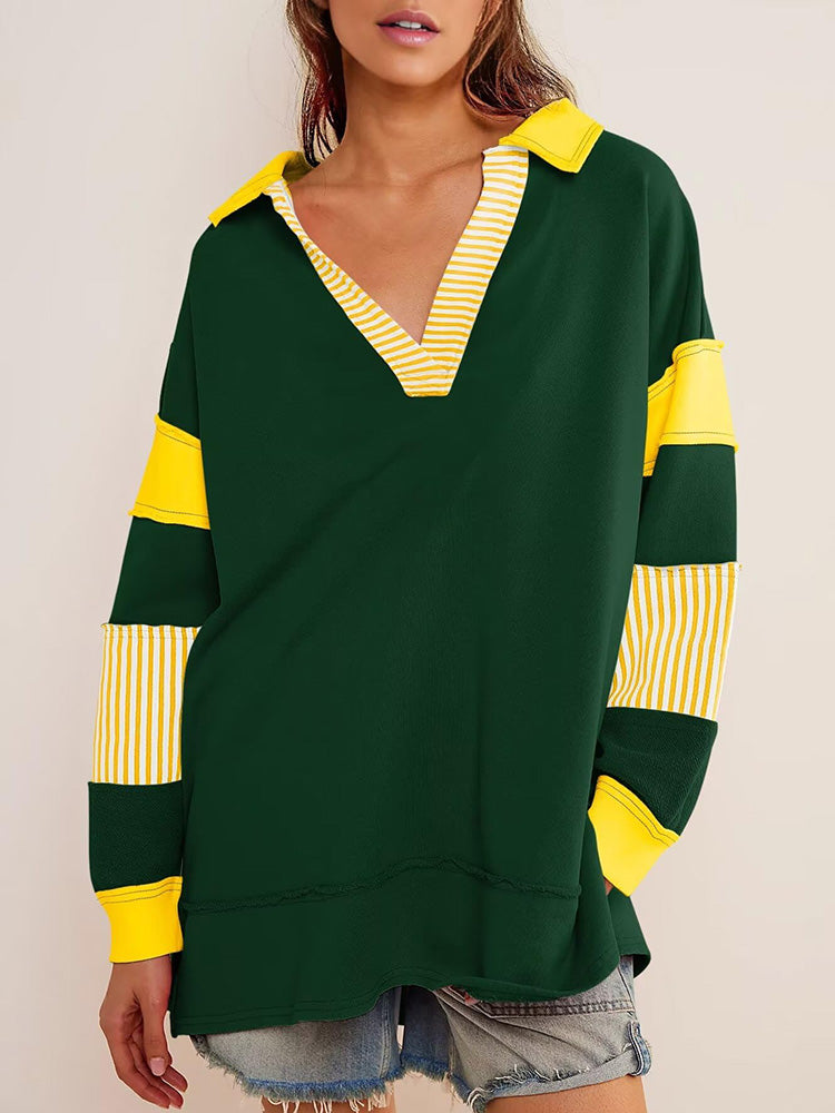 V Neck Colorblock Oversized Sweatshirt