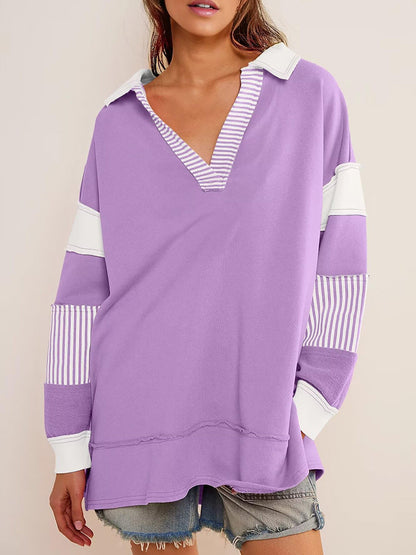 V Neck Colorblock Oversized Sweatshirt