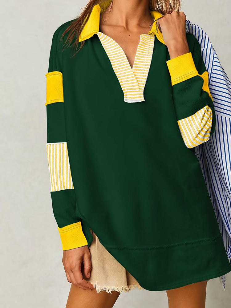 V Neck Colorblock Oversized Sweatshirt