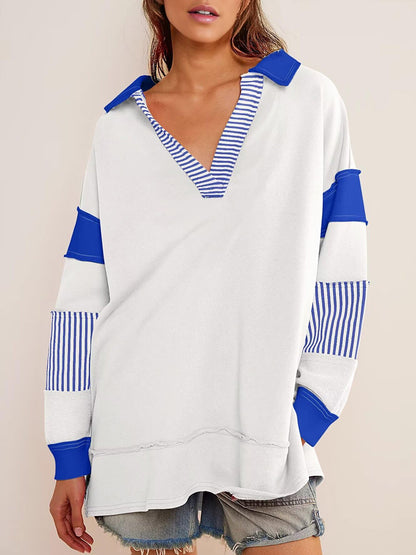 V Neck Colorblock Oversized Sweatshirt