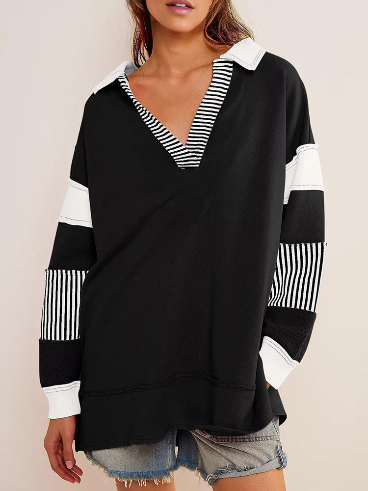 V Neck Colorblock Oversized Sweatshirt