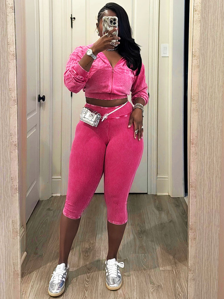 Acid Wash Cropped Jacket & Capri Leggings Set
