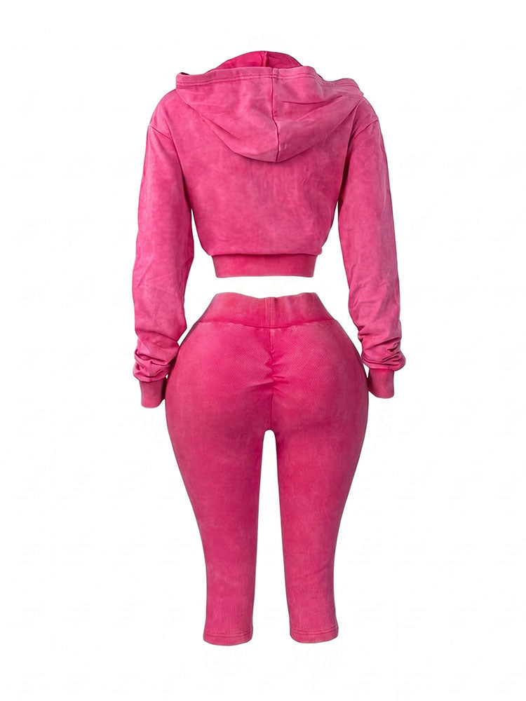 Acid Wash Cropped Jacket & Capri Leggings Set