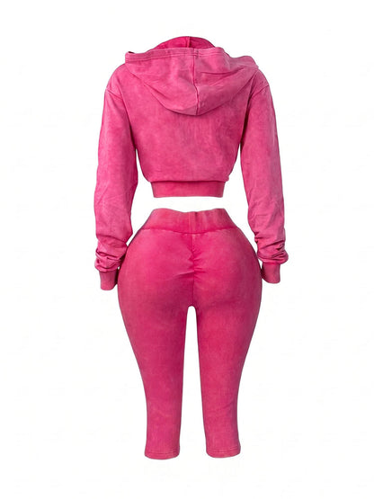 Acid Wash Cropped Jacket & Capri Leggings Set