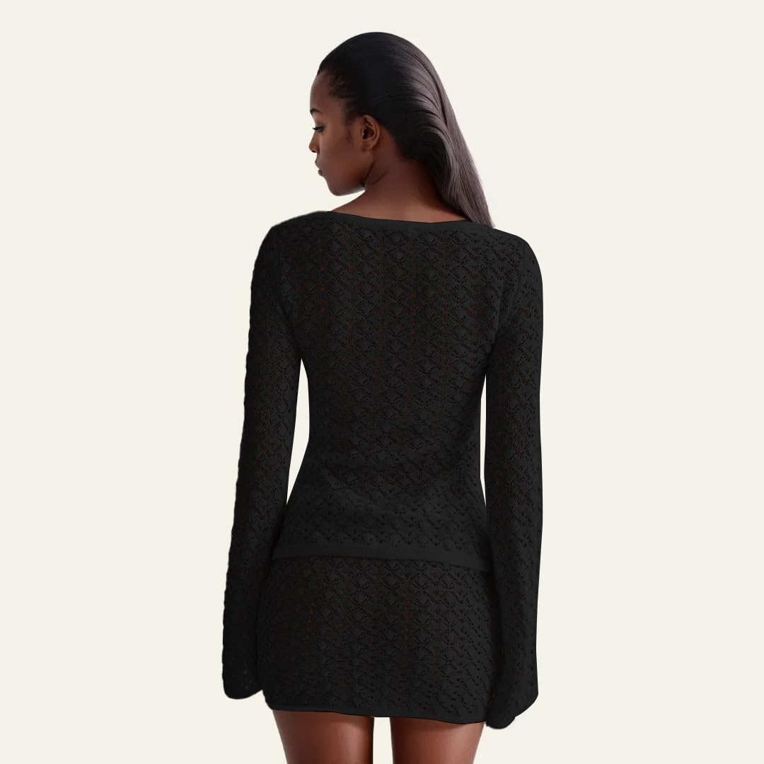 Crochet Knit Top Skirt Set