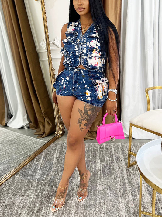 Splash Denim Cargo Vest & Shorts Set