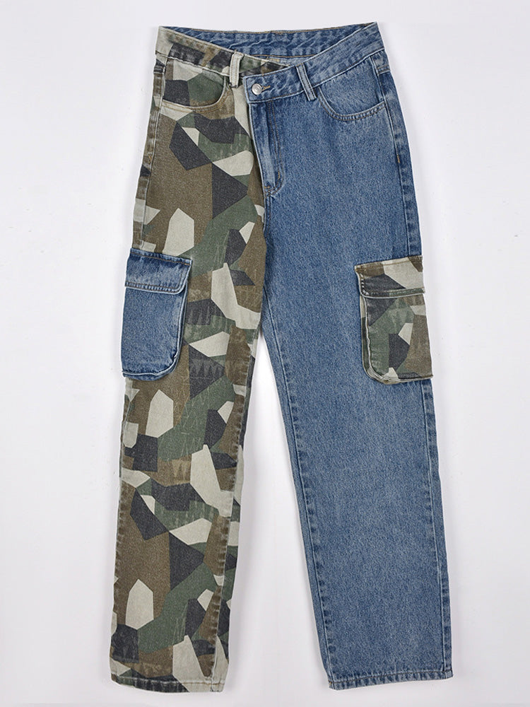 Camouflage Denim Patchwork Pants with Pockets - ECHOINE