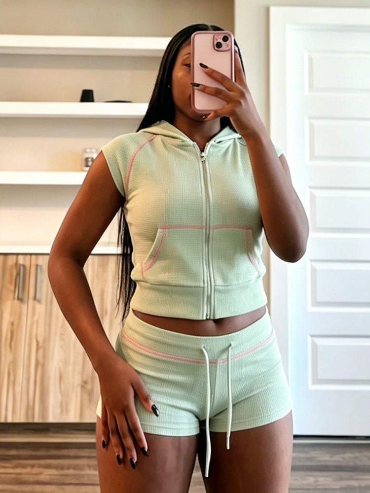 Waffle-Knit Hoodie & Short Set