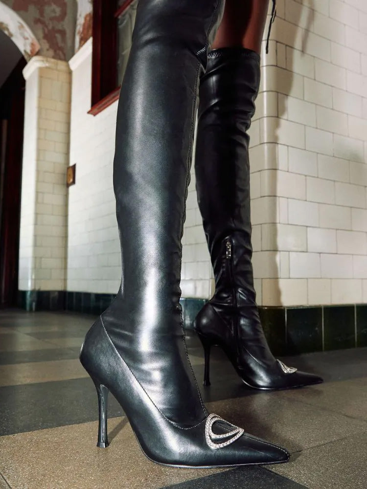 Rhinestone Decor PU Leather Boots - ECHOINE