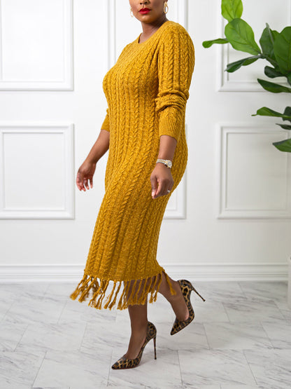 Fringe Knit Sweater Dress - ECHOINE