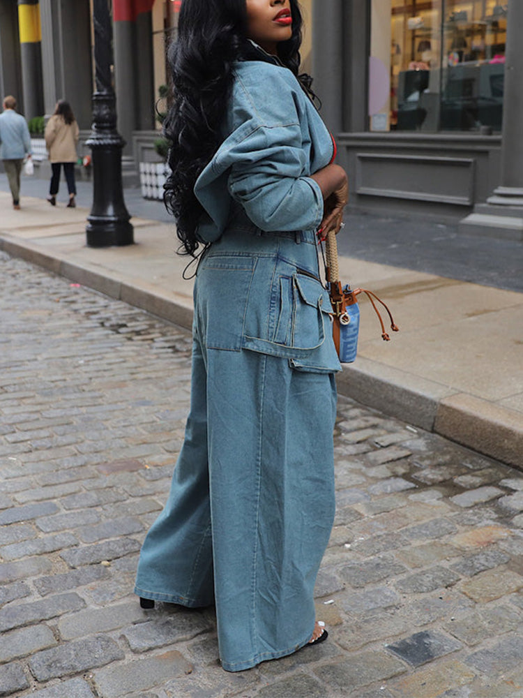 Denim Jacket & Wide Pants Set - ECHOINE