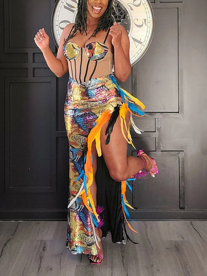 Colorful Sequin Slit Feather Dress - ECHOINE