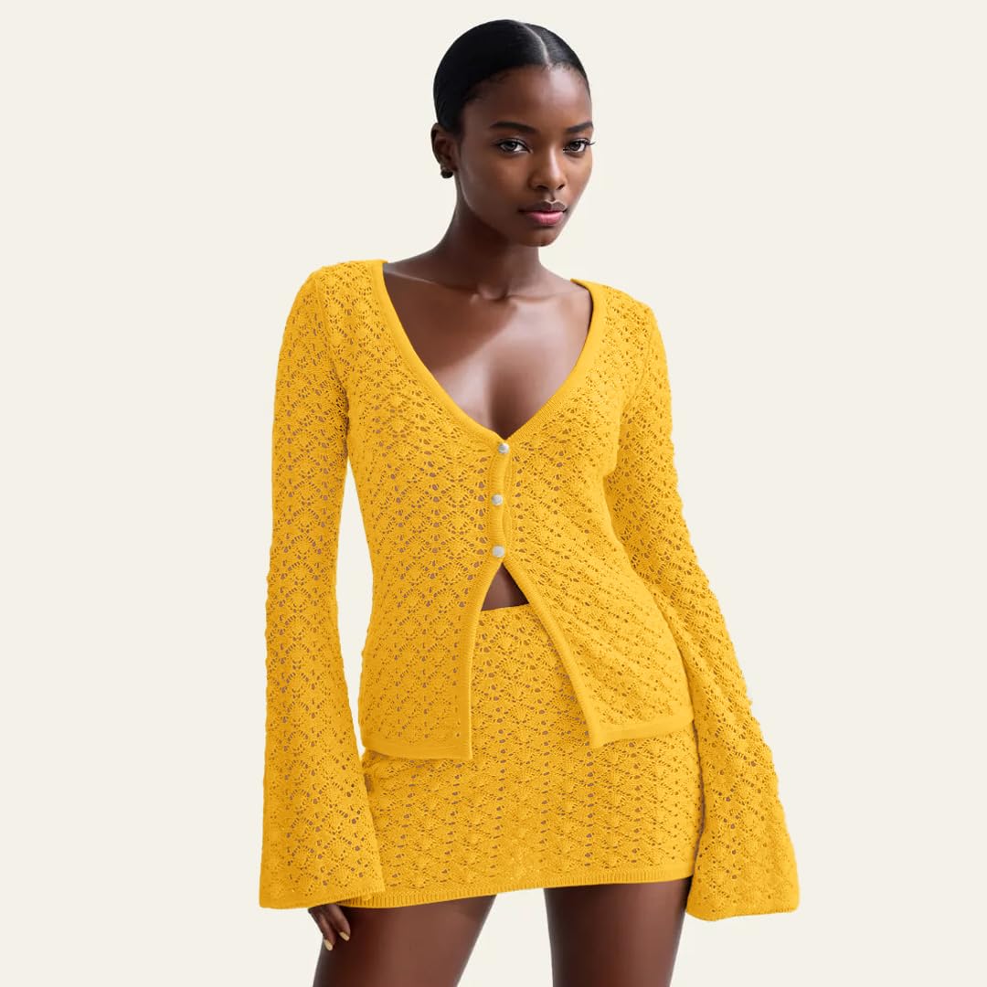 Crochet Knit Top Skirt Set