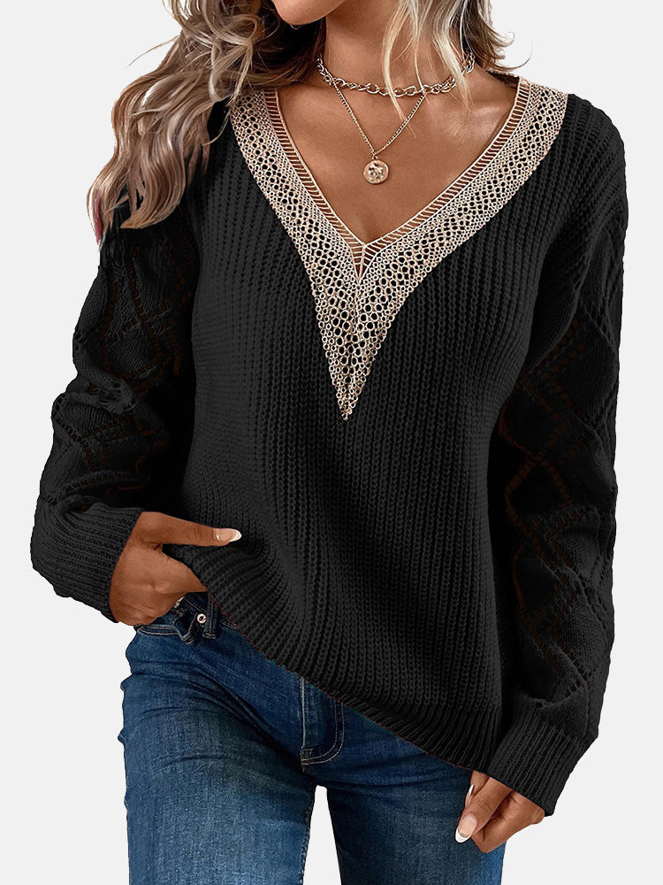 V-Neck Lace Trim Sweater