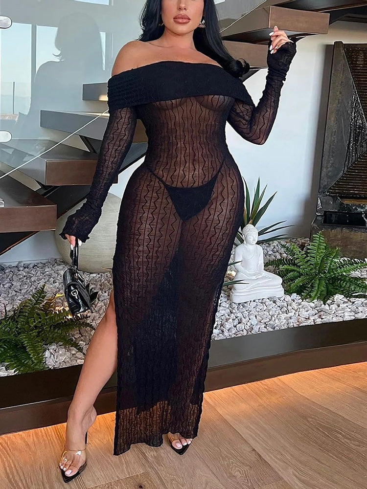 Off Shoulder Split Mesh Dress