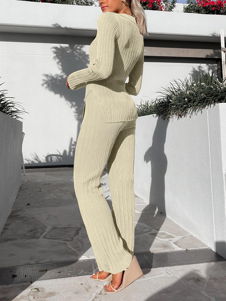 V Neck Ribbed Pants Set