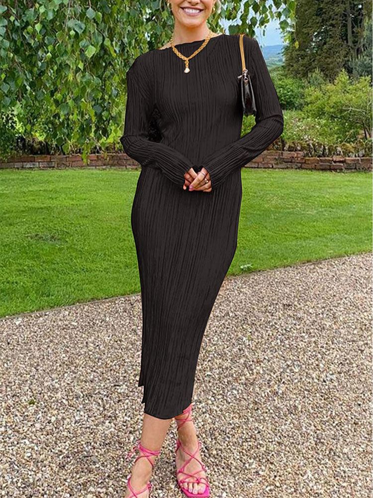 Pleated Crew Neck Maxi Dress