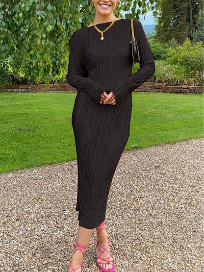 Pleated Crew Neck Maxi Dress