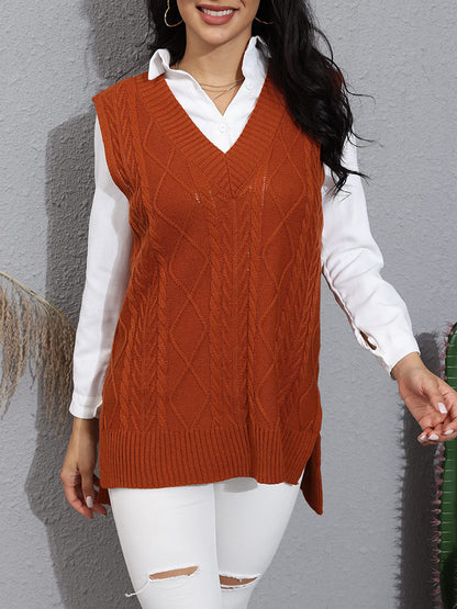 V Neck Plaid Cable Knit Vest