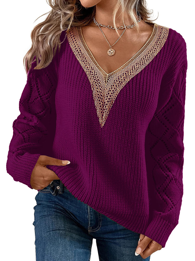 V-Neck Lace Trim Sweater