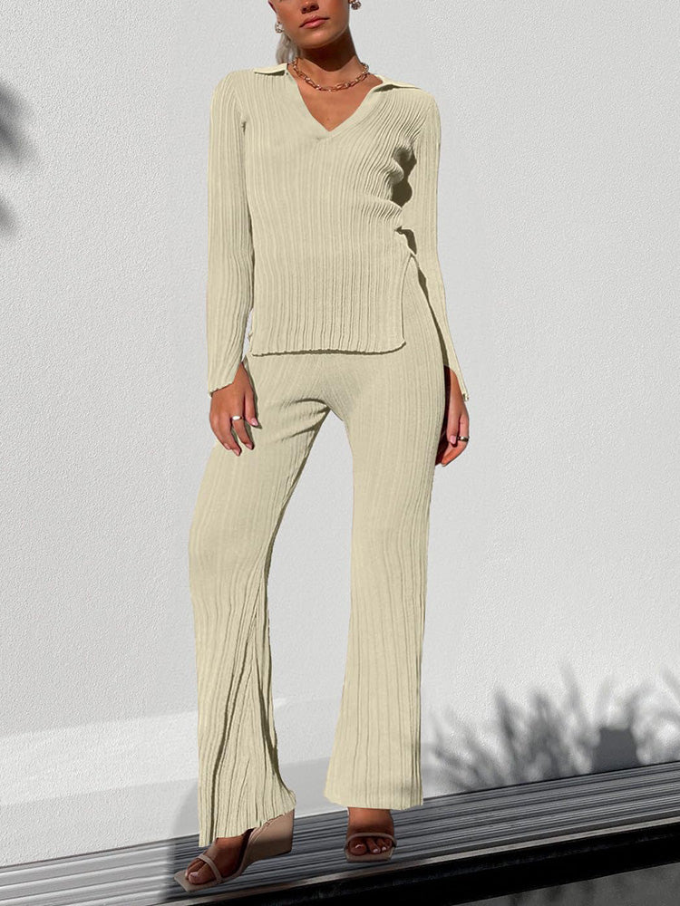 V Neck Ribbed Pants Set