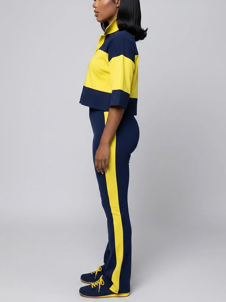 Colorblock Cropped Polo Top & Flare Leggings Set