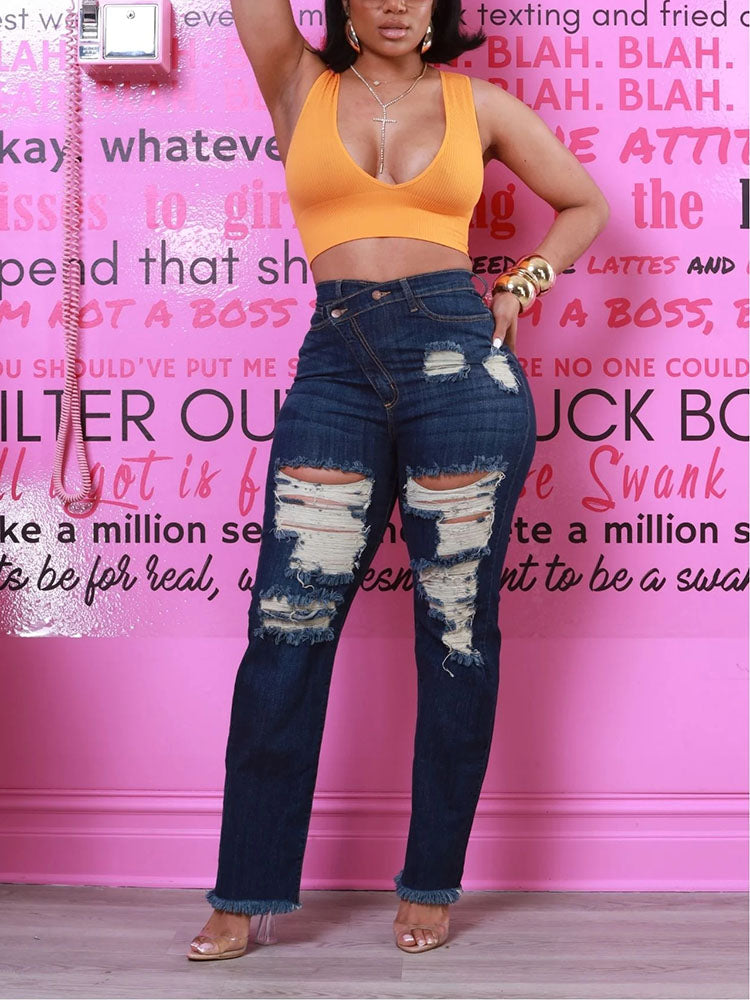 Jean asymétrique à fermeture éclair effet usé